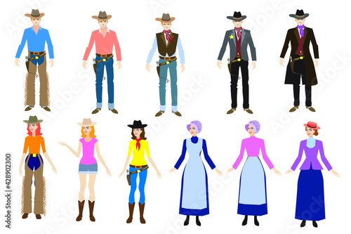 set of  western cowboy and cowgirl standing front view