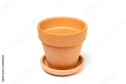New ceramic flower pot with saucer. Isolated on white background. Gardening concept, indoor garden