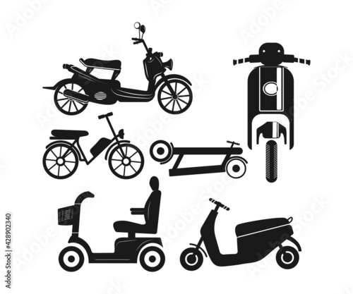 Collection of funny people riding kick scooters isolated on black  on modern personal transporters. Flat cartoon vector illustration.