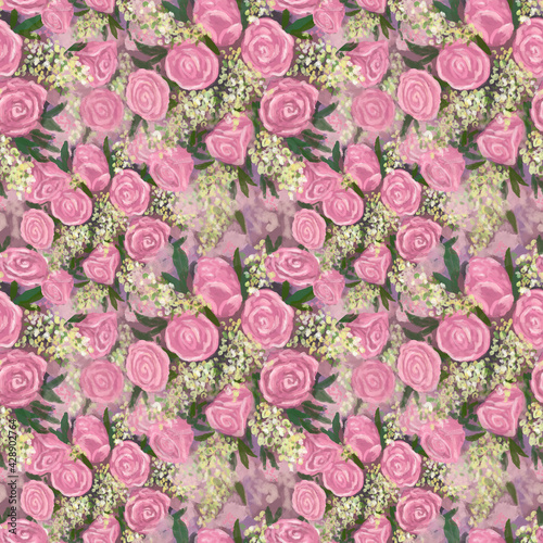 Seamless pattern with light pink roses and white small flowers