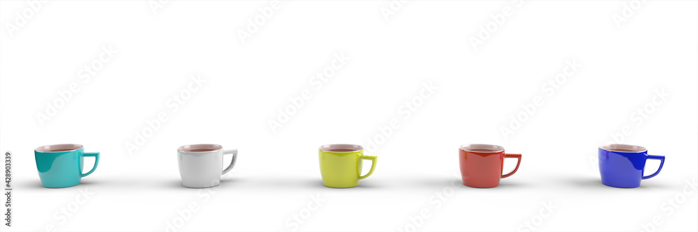 Five colored coffee cups on a white background. Minimalistic concept. 3d rendering Five colored coffee cups on a white background. Minimalistic concept. 3d rendering
