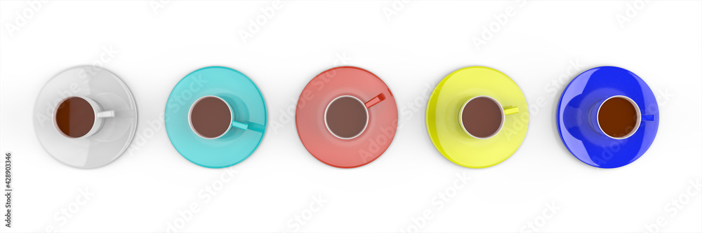 Five colored coffee cups on a white background. Minimalistic concept. 3d rendering Five colored coffee cups on a white background. Minimalistic concept. 3d rendering