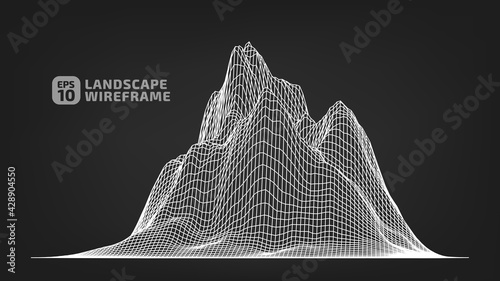 Abstract wireframe background. 3D grid technology illustration landscape. Digital Terrain Cyberspace in the Mountains with valleys. Data Array. Vector Illustration.
