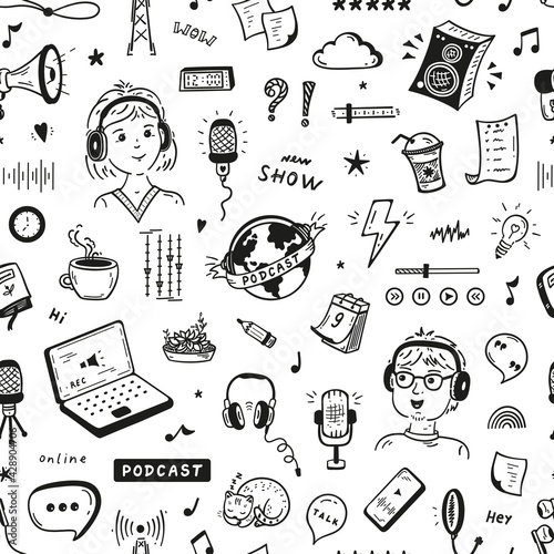 Podcast Show Doodle Icons Vector Seamless Pattern. Background with Hand drawn Man and Woman Speaking in Microphone and Different Podcast Equipment and Items. Workplace of Radio Host or Blogger.