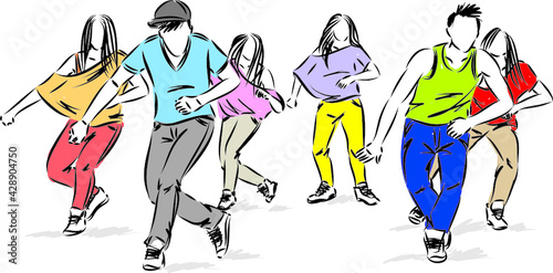 group of teenagers dancers hip hop vector illustration