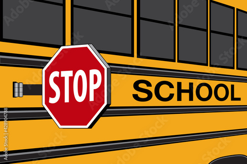 Side view of a yellow school bus with red stop sign - Vector Illustration