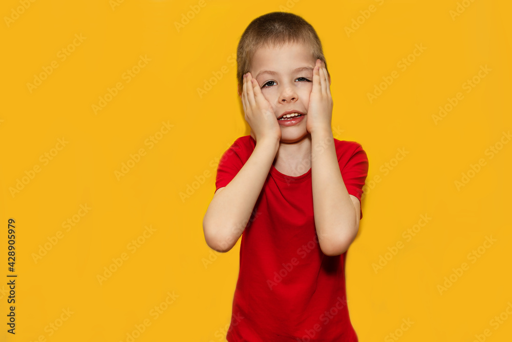 Emotional child, boy 5 years old in red t-shirt on yellow background. Surprise, joy, hands on the head Emotional child, boy 5 years old in red t-shirt on yellow background. Surprise, joy, hands on the head