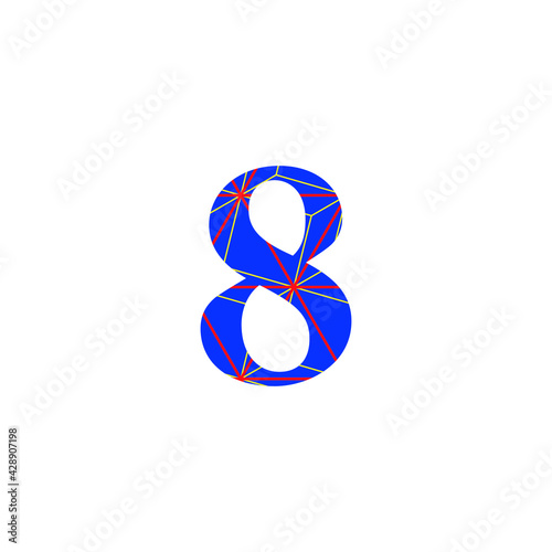 illustration number eight in blue color with red and yellow lines, birthday party confetti.