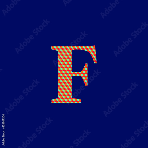 Letter F with checkered texture in warm colors on a blue background