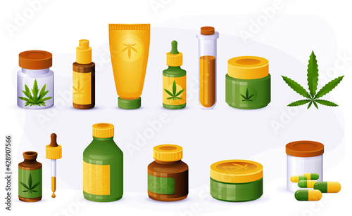 Various glass bottles with CBD oil, THC tincture and hemp leaves 3