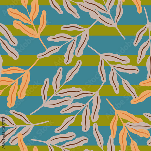 Nature seamless doodle pattern with grey and orange random foliage ornament. Green and blue striped background.