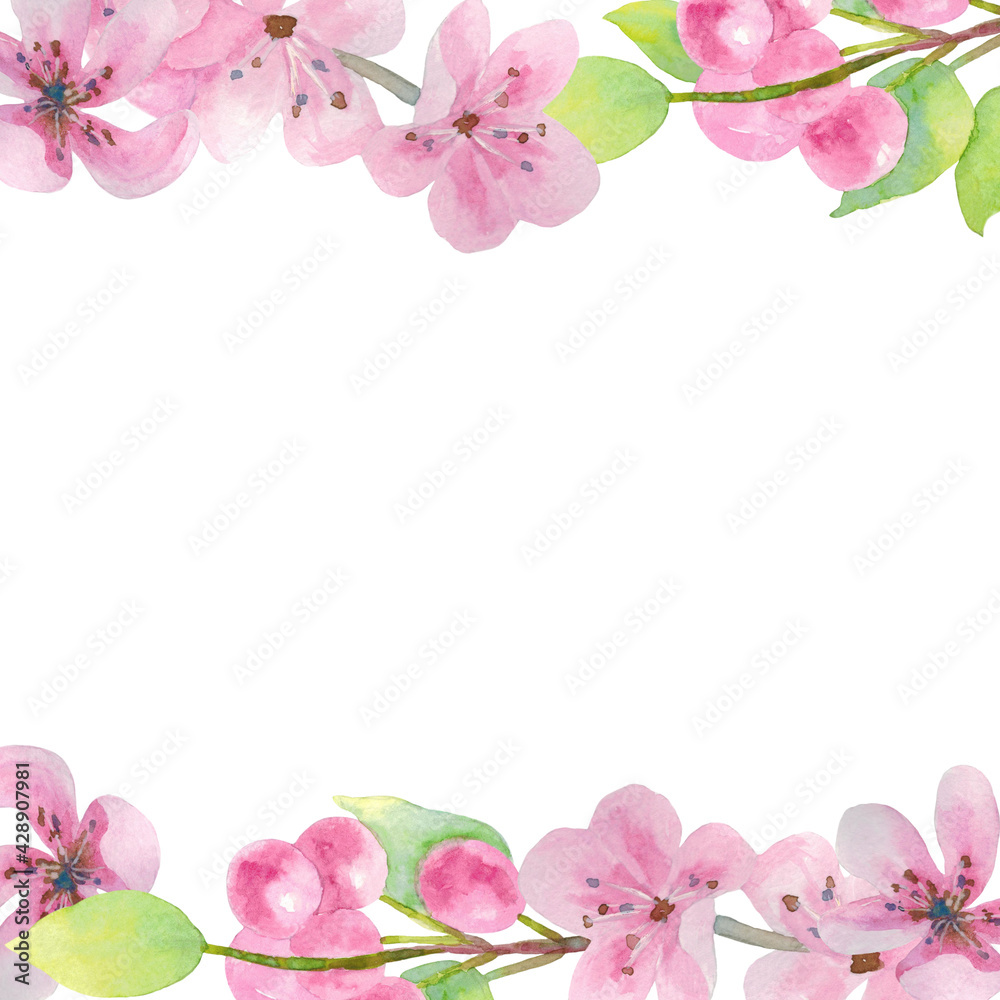 Greeting card with cherry flowers and berries. Frame with empty place for text. Greeting card with cherry flowers and berries. The illustration is hand-drawn in watercolor. Greeting card with cherry flowers and berries. Frame with empty place for text. Greeting card with cherry flowers and berries. The illustration is hand-drawn in watercolor.