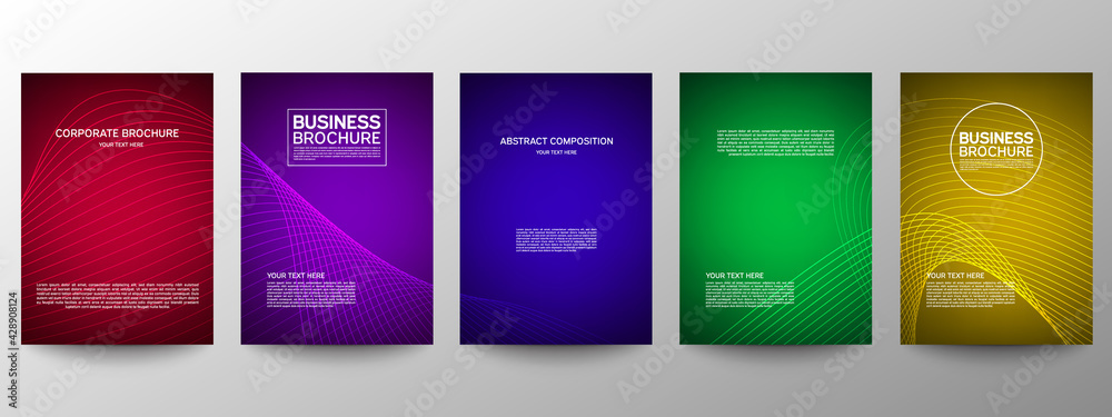 Cover geometric minimal. Set. Vector abstract line pattern for poster design. Set of templates for business brochures. Cool gradients. Graphic pattern for annual album backdrop.