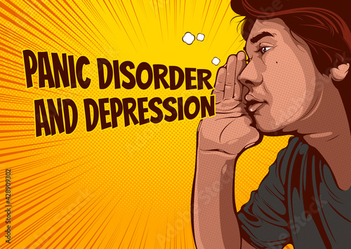 Man whisper or yelling or Gossip, speech bubbles About Panic Disorder and Depression , comic illustration and background, Pop Art style.