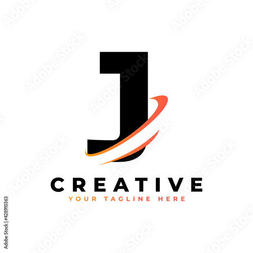 Corporation Letter J Logo With Creative Curved Swoosh Icon Vector Template Element in Black and Yellow Color.