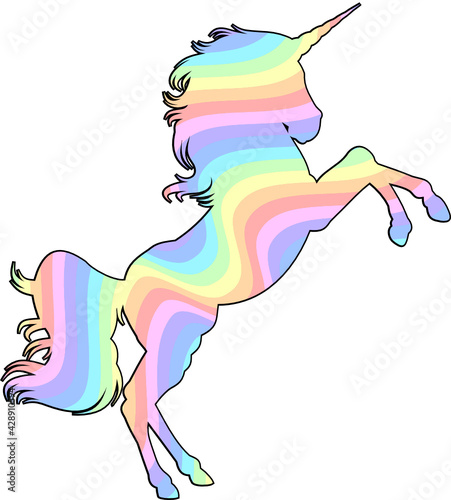 Composición de silueta de unicornio en borde negro con relleno arcoiris