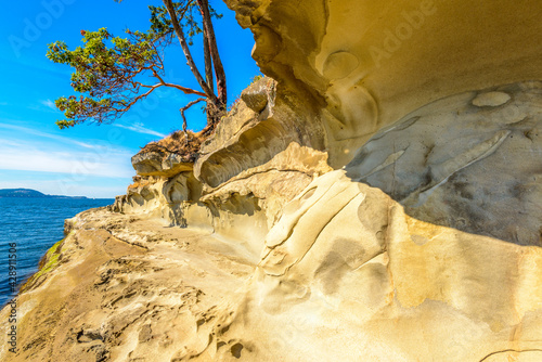 Fototapeta Naklejka Na Ścianę i Meble -  Rocky beach and ocean scenic for vacations and summer getaways. Famous Galaspina Rock Gallery at Gabriola Island, BC, Canada.