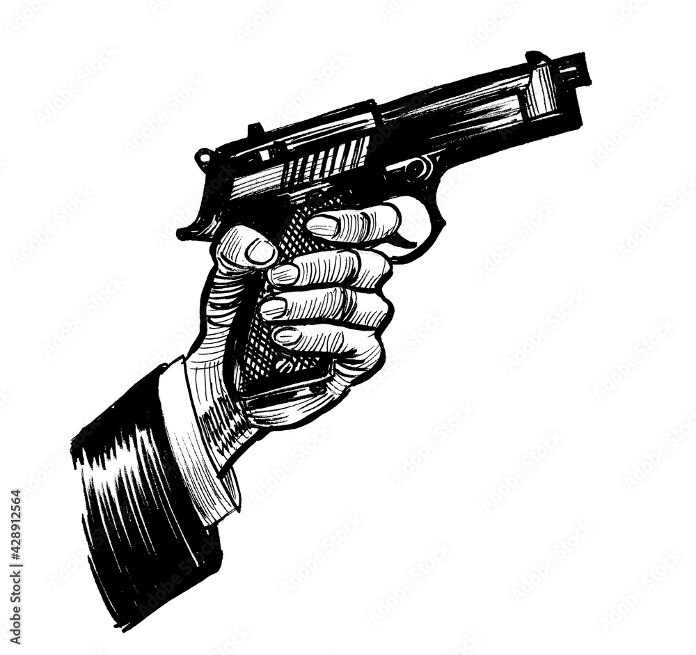 Ink black and white drawing of a hand holding a gun Stock Illustration
