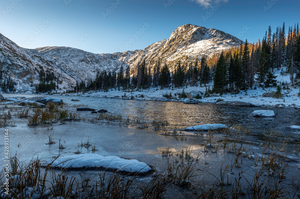 Icy Shore of Timber Lake in Rocky Mountain National Park, Colorado, USA
