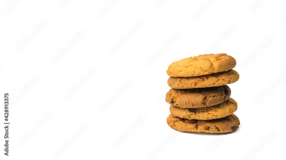 Five oatmeal cookies with chocolate chips isolated on a white background. Five oatmeal cookies with chocolate chips isolated on a white background.