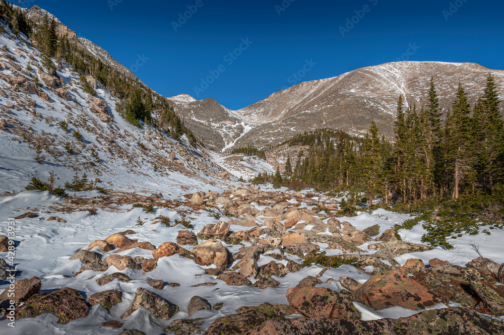 Hike to Upper Fay Lake in the back country of Rocky Mountain National Park, Colorado, USA
