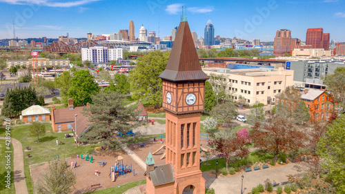 The Iconic Goebel Park Clock Tower in the Foreground of Downtown Cincinnati photo
