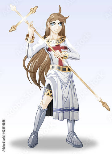 Anime Inspired Illustration of Holy Female Warrior with Cross Staff