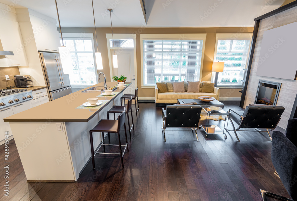 Modern, bright, clean, kitchen interior with stainless steel appliances in a luxury house Modern, bright, clean, kitchen interior with stainless steel appliances in a luxury house