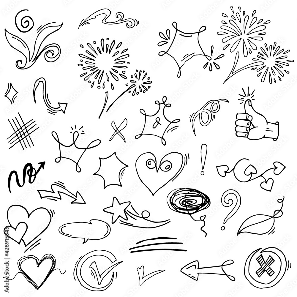 Obraz premium Doodle vector set illustration with hand draw line art style vector. Crown, king, sun, arrow, heart, love, star, swirl, swoops, emphasis, for concept design.