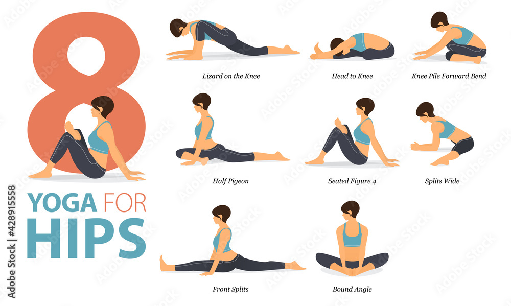 8 Yoga poses or asana posture for workout in Yoga for Hips concept. Women exercising for body stretching. Fitness infographic. Flat cartoon vector 8 Yoga poses or asana posture for workout in Yoga for Hips concept. Women exercising for body stretching. Fitness infographic. Flat cartoon vector