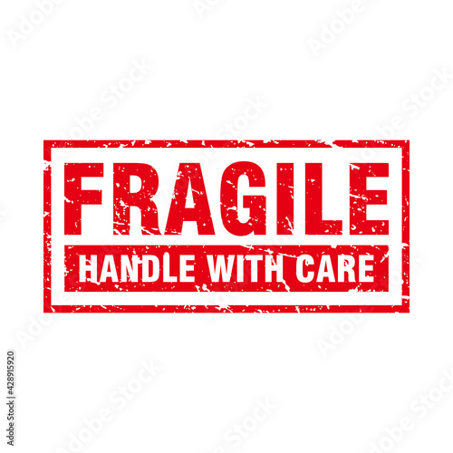 Abstract Red Grungy Fragile Rubber Stamp Sign Illustration Vector, Fragile Handle with Care Text Seal, Mark, Label Design Template