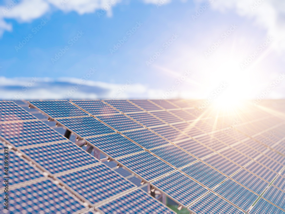 Solar panels (solar cell) on the sky background, Blue solar power, photovoltaic panel - 3D illustration