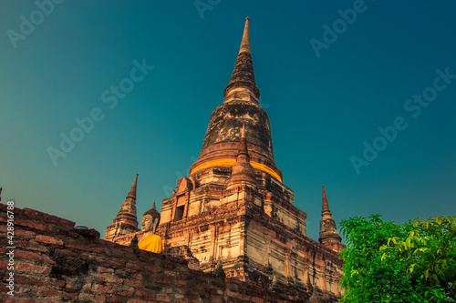 Background of old Buddha statues in Thai religious attractions in Ayutthaya Province  allowing tourists to study their history and take public photos.