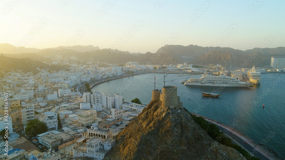 Aerial view of Mottrah Fort in Muscat, Oman