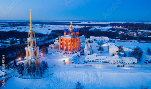 View from drone of Cathedral and bell tower of Ryazan kremlin in winter time at night, Russia photo