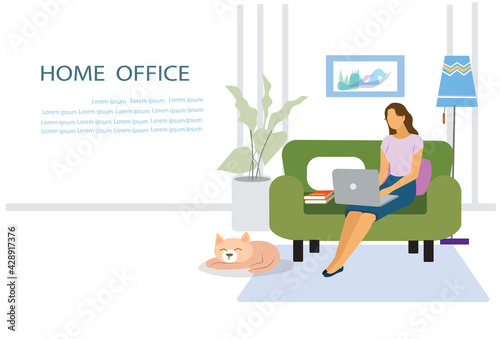Work from home concept. Happy woman sitting on sofa with laptop. Can use for backgrounds, infographics, images. Flat style modern