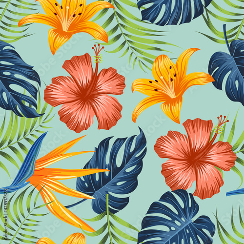 Floral seamless pattern with leaves. tropical background