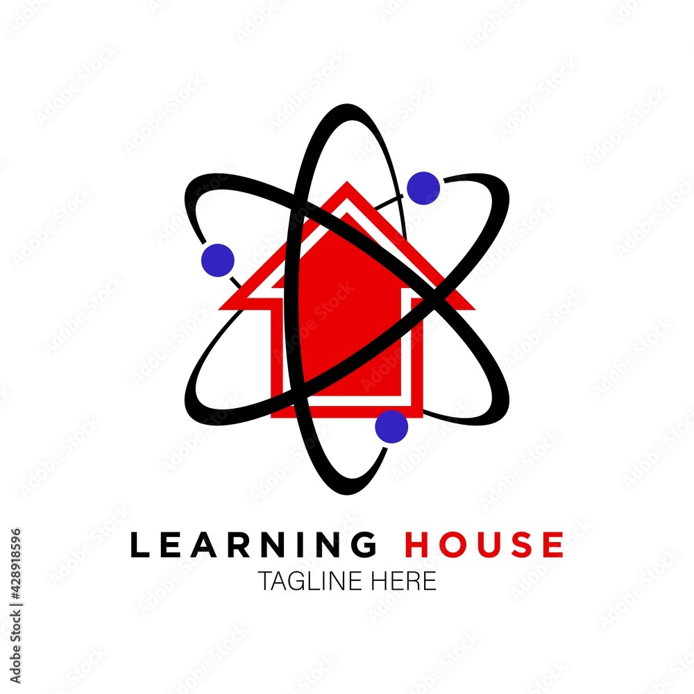 Learning House Logo Design with House Icon and Atomic Molecule Icon Combination.