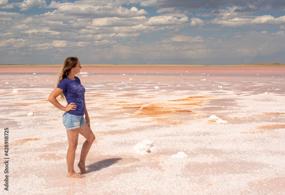 on the shore of a beautiful lake and blue sky of Kazakhstan