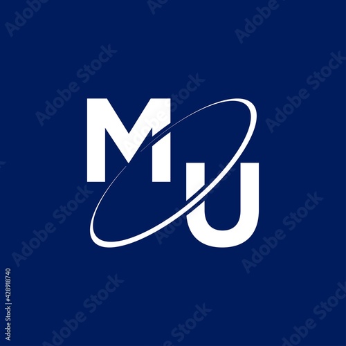 Letter MU that are cut by a circle on blue background. Logo Design.