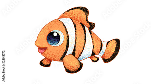 Cartoon Clownfish Drawing. cute animal oil pastel drawing crayon doodle for children book illustration, poster, or wall painting.