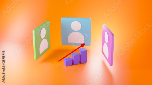 3D render of person icons and bar graph. Business online and e-commerce on web shopping concept. Secure online payment transaction with smartphone.
