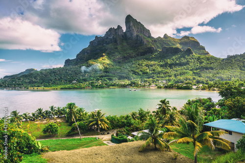 Bora Bora and Mount Otemanu nature landscape in Tahiti, French Polynesia with coral lagoon sea and Mt Pahia, Mt Otemanu, Tahiti, south Pacific Ocean photo