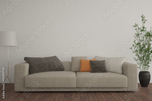 modern room with sofa,pillows,plant and lamp interior design. 3D illustration