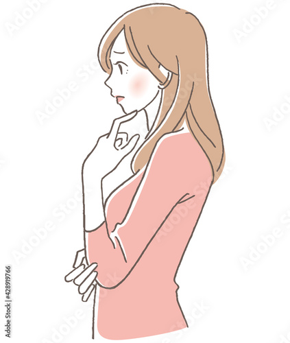 困った顔で顎に指を添える女性