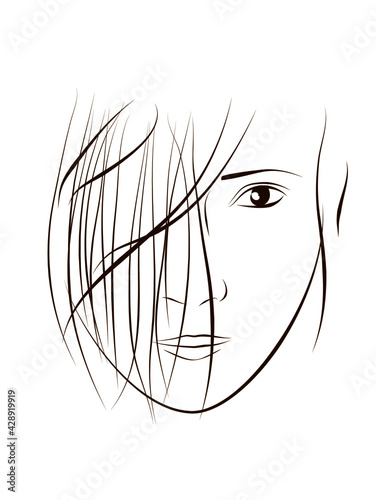 前髪を下ろした女性の線画イラスト