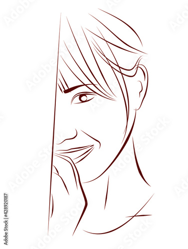 はにかんだ女性の線画イラスト