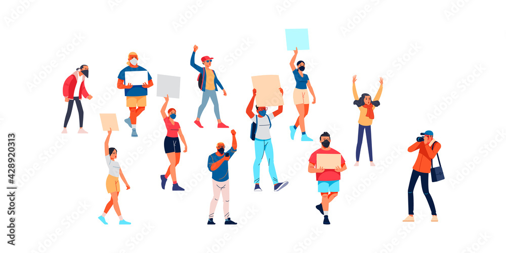 Activists with placards, peaceful rights protest, manifestation, men and women parade participation. Parade rights, adult picket and strike. People hold banners. Cartoon Flat vector illustration.
