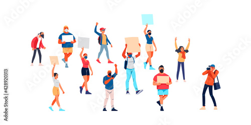 Activists with placards, peaceful rights protest, manifestation, men and women parade participation. Parade rights, adult picket and strike. People hold banners. Cartoon Flat vector illustration.