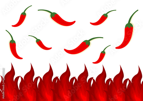illustration with a spicy theme with a design of red chilies and a burning fire indicating spicy and hot